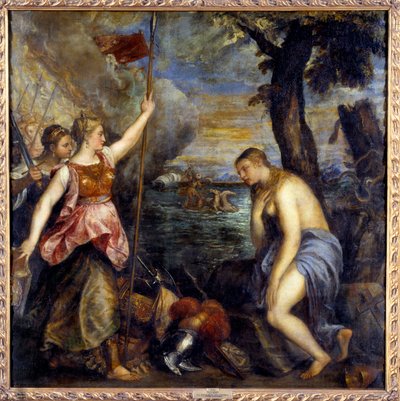 Religião resgatada pela Espanha. Pintura de Tiziano Vecellio chamada O Ticiano (1485-1576) de Tiziano Vecelli