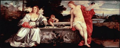Amor Sagrado e Amor Secular Pintura de Tiziano Vecellio chamada Titian (1490-1576) 1515 aproximadamente. Sol. 118x279 cm Roma, Galleria Borghese - Amor Sagrado e Profano - Pintura de Tiziano Vecellio, chamado Titian (c.1488-1576), óleo sobre tela, ca. 1515 de Tiziano Vecelli