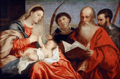A Virgem e o Menino com os Santos Estêvão, Jerônimo e Maurício - Ticiano (1488-1576). Óleo sobre madeira, c. 1520. Dimensão : 92,7x138 cm. Museu de História de Arte, Vienne de Titian (c.1488 1576)