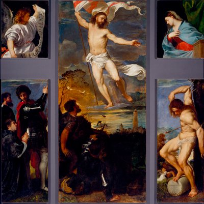 A ressurreição "A Virgem" "São Sebastião" e os patrocinadores. Painéis do políptico de Averoldi. Pintura em madeira de Tiziano Vecellio chamada Titian (ca. 1490-1576) Século XVI Brescia, Igreja dos Santos Nazzaro e Celso de Titian (c.1488 1576)