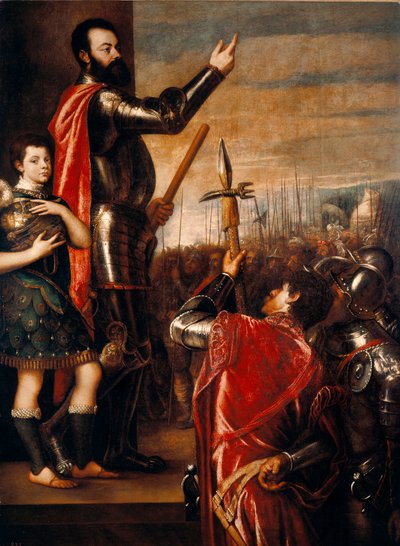 O discurso de Alfonso de Avalos (1502-1546), condottiero (condottiere) Pintura Italiana por Tiziano Vecellio disse o Ticiano (1490 circa-1576) 1540-1541 Dim. 223x165 cm Madrid, Museu do Prado de Tiziano Vecelli