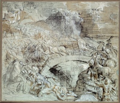 Guerras de Itália: "A Batalha de Cadore" Batalha que em cerca de 1508 a cidade de Pieve di Cadore aliou-se com os Venicianos com as tropas de Maximiliano I de Habsburgos. Desenho com pedra negra e lavagem por Tiziano vecellio (1485-1576) chamado Ticiano. 1 de Tiziano Vecelli