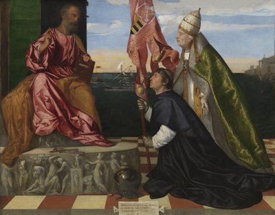 Holandês: Jacopo Pesaro, bispo de Pafos, apresentado pelo Papa Alexandre VI Bórgia a São Pedro Jacopo Pesaro, bispo de Pafos, apresentado pelo Papa Alexandre VI a São Pedro de Titian