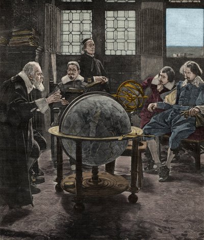 John Milton (1608-1674) visitando Galileo Galilei (Galileia), em sua prisão da Inquisição em Arcetri, perto de Florença, em 1640. Gravura do século XIX a partir de uma pintura de T. Lessi. de Tito Lessi
