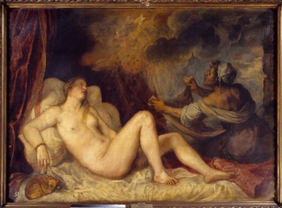 Danae recebendo a chuva dourada Zeus vem até Danae para seduzi-la na forma de uma chuva de moedas de ouro. Pintura de Tiziano Vecellio chamada O Ticiano (1488-1576) 1553 Sol. 1,29x1,8 m Madrid, Museu do Prado de Tiziano Vecelli