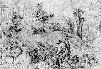 Paisagem com pastor e rebanho, c1520, 1937 de Tiziano Vecelli
