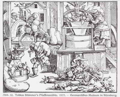 Padres católicos a serem moídos num moinho (xilogravura) de Tobias Stimmer