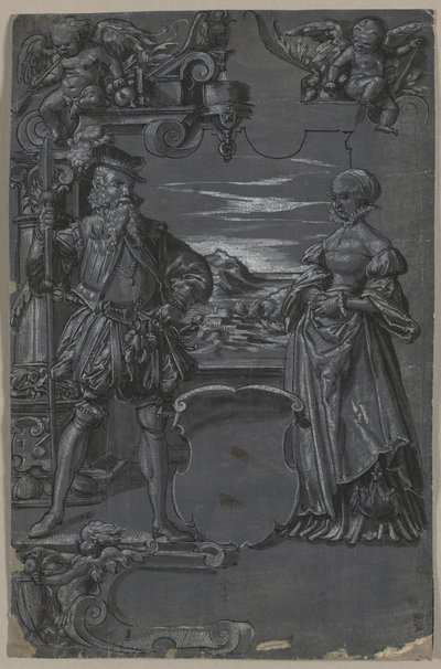 Design para pintura em vidro: homem e mulher em cenário arquitetônico, segundo semestre de 1500. de Tobias Stimmer