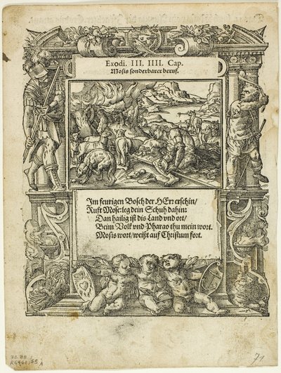 Moisés e a Sarça Ardente (reto) e O Menino Moisés colocado no rio (verso) de Neue künstliche Figuren biblischer Historien, placa 55 de Xilogravuras de livros do século XVI de Tobias Stimmer