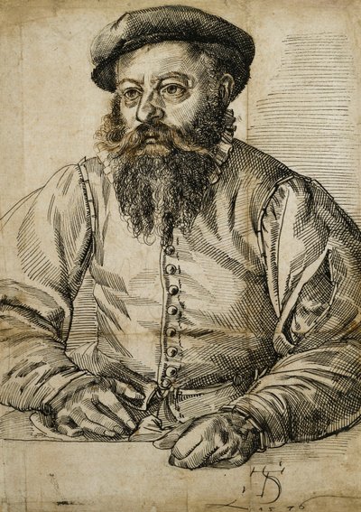 Retrato de um homem barbudo, meio comprimento, sentado a uma mesa, de Tobias Stimmer