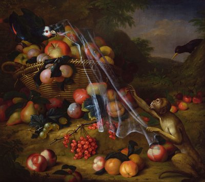 Frutas misturadas com um macaco, um papagaio, um gaio e dois tentilhões em uma paisagem de Tobias Stranover