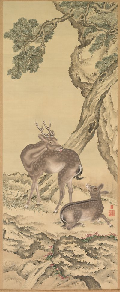 Símbolos de Longevidade: Veado sob Peach e Pine (Peach) (esquerda) de Toda Tadanaka