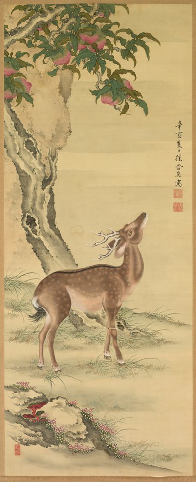 Símbolos da Longevidade: Cervos sob Peach e Pine Pine à direita, 1801. de Toda Tadanaka