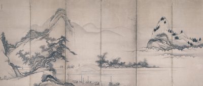 Travelers On A Lakeside Bridge (tinta e cor sobre papel, ecrã de seis dobras) de Toetsu Toetsu