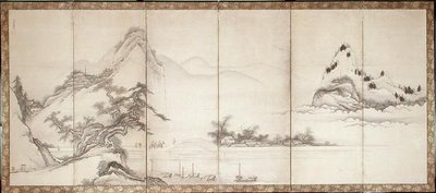 Viajantes numa ponte à beira de um lago, c.1700 (tinta e cor sobre papel) de Toetsu Toetsu