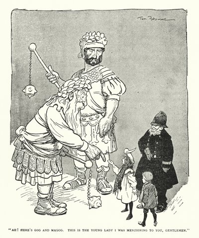 "Ah! Aqui estão Gog e Magog, esta é a jovem que eu estava mencionando para vocês, cavalheiros" (litho) de Tom Browne