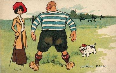 Futebolista de grandes dimensões com uma mulher a passear o cão (litografia a cores) de Tom Browne