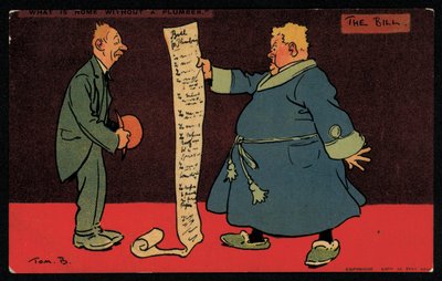 Homem a ler uma longa factura do seu canalizador (chromolitho) de Tom Browne