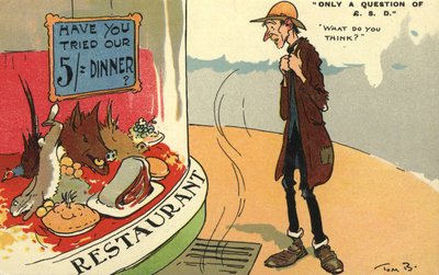 Vagabundo olhando em uma janela do restaurante de Tom Browne