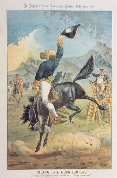 Montando o Buck Jumpers, Lord Salisbury no cavalo preto, Gladstone, de &39;St. Apresentação de Revisão de Stephen Cartoon, 30 de julho de 1887 de Tom Merry
