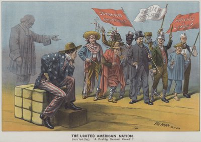 The United American Nation, sátira sobre a diversidade dos imigrantes na sociedade americana do século XIX (litografia a cores) de Tom Merry