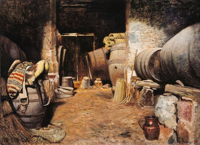 Dentro de uma cela. Celeiro com barris em feno e sela de cavalo. Pintura de Tomas Moragas Y Torras (1837-1906), final do século XIX. Óleo sobre tela. Barcelona, Museu Nacional de Arte da Catalunha. de Tomas Moragas y Torras