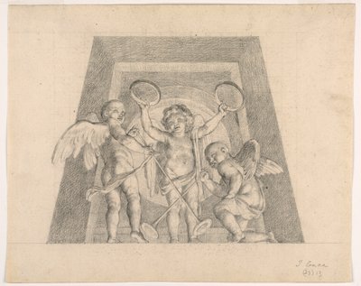 Três Putti com Pandeiros e Trombetas, Design para Lunette da Sala delle Muse, Museo Pio-Clementino, Vaticano de Tommaso Maria Conca