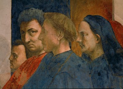 Os espectadores da ressurreição milagrosa do filho do prefeito Teófilo são ... (fresco) de Tommaso Masaccio