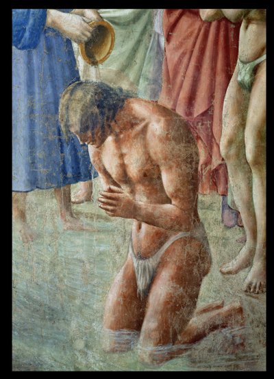 São Pedro Batizando os Neófitos, detalhe do neófito, c.1427 afrescos veja também 63311 de Tommaso Masaccio