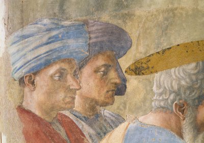 São Pedro Batizando os Neófitos: detalhe de dois observadores em turbante, c.1427 afrescos de Tommaso Masaccio