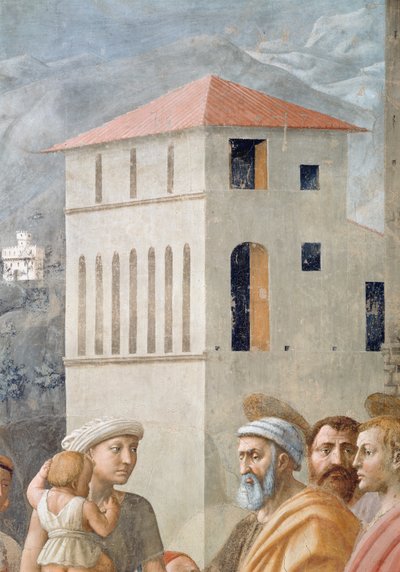 São Pedro Distribuindo os bens comuns da Igreja e a morte de Ananias, detalhe da arquitetura de fundo, c.1427 afrescos, ver também 57194, 63321 e 63322 de Tommaso Masaccio