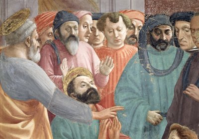 A Criação do Filho de Teófilo, Rei de Antioquia Detalhe da SS. Peter e Paul e rostos no meio da multidão, c.1427 afresco ver também 63302 de Tommaso Masaccio