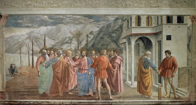 Tribute Money - Le paiment du tribut (A homenagem) - Fresco por Tommaso di ser Giovanni di Mone Cassai dit Masaccio (1401-1428), 254,5x598,3 cm de Tommaso Masaccio