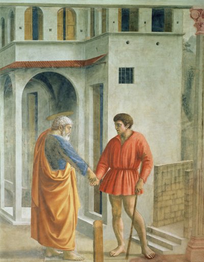 Homenagem dinheiro São Pedro paga o coletor de impostos - detalhe de 31642, c.1427 afresco de Tommaso Masaccio