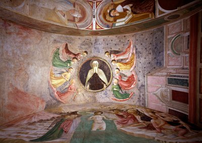 Ciclo de vida de São João Batista: “” Deus Pai envolve os anjos ””, o batismo de Cristo e São Jerônimo em seu estudo - de Tommaso Masolino da Panicale