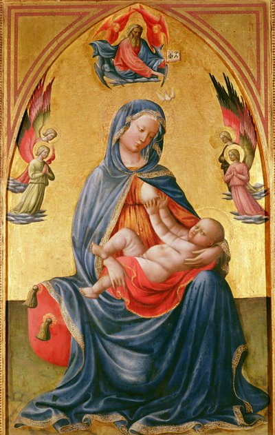 Virgem e Filho com Deus Pai, Espírito Santo e Anjos de Tommaso Masolino da Panicale