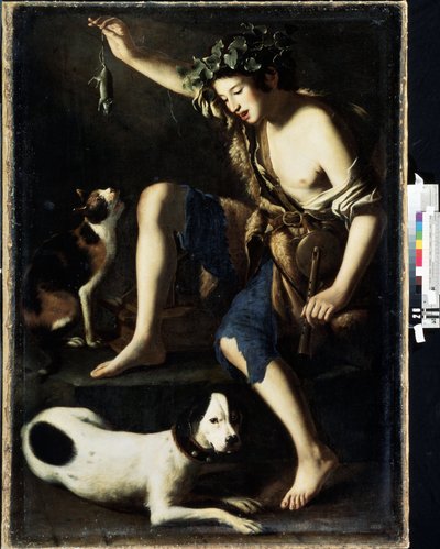 Pastor jovem a brincar com um gato. Pintura por Tommaso Salini (ca. 1575-1625). Óleo sobre madeira de Tommaso Salini