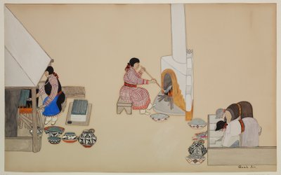 Women Weaving and Supervising Kiln, início do século XX (casein em papel) de Tonita Peña