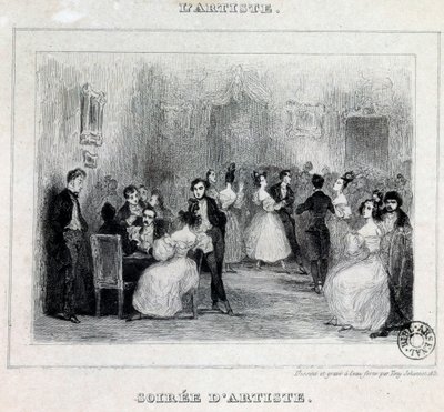 Uma noite de artista: jogos de bola e de cartas durante uma noite burguesa Desenho de Antoine Johannot dit Tony Johannot (1803-1852) 1831 Paris, Bibliotheque de l