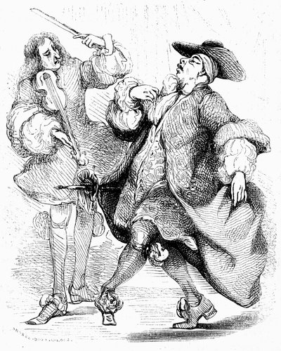Molière: O cavalheiro burguês, Sr. Jourdain, dança sob a direção do seu mestre de música. Gravura de Tony Johannot na edição das obras completas, Paulin 1836. de Tony Johannot