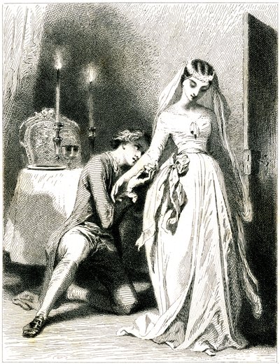 Amante suspirante ajoelha-se aos pés do seu belo noivado num interior à luz de velas - rapariga com vestido e penteado românticos - gravura (água-forte 1845) de Tony Johannot (Antoine Johannot dit de Tony Johannot