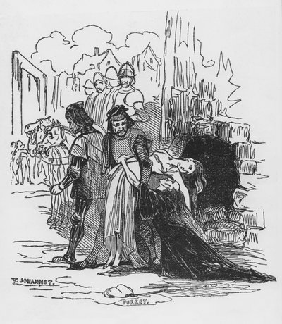 Soldados arrastando uma prisioneira, ilustração para "O Corcunda de Notre Dame" de Victor Hugo (1802-85) (xylograph) de Tony Johannot