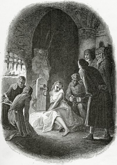 O interrogatório de Esmeralda - ilustração da Notre Dame de Paris, do século XIX (gravura bw) de Tony Johannot
