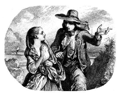 Dois amantes junto à água (rio - lago - mar) com um barco (barco à vela - veleiro) à distância - gravura (pormenor) de Tony Johannot (Antoine Johannot disse de Tony Johannot