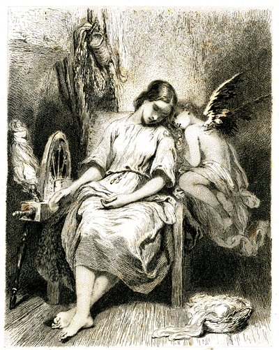 Jovem mulher (fiandeira) a dormir junto à sua roda - um angelot inclina-se sobre o seu ombro - sono - sonho - devaneio - amor - gravura (água-forte 1845) de Tony Johannot (Antoine Johannot dit de Tony Johannot