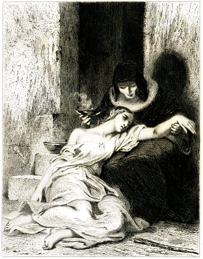 Mulher jovem visivelmente sofredora (doente) deitada sobre os joelhos de uma mulher mais velha que a obriga a tomar uma poção (medicamento) - gravura (água-forte) de Tony Johannot (Antoine Johannot dit de Tony Johannot
