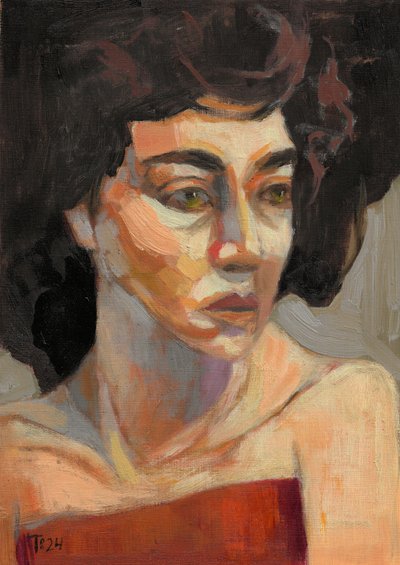 Mulher contemplativa de vermelho de Tore Bahnson