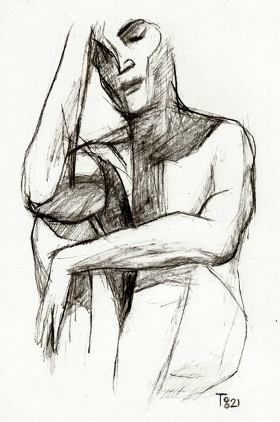 Desenho de uma figura pensativa de Tore Bahnson
