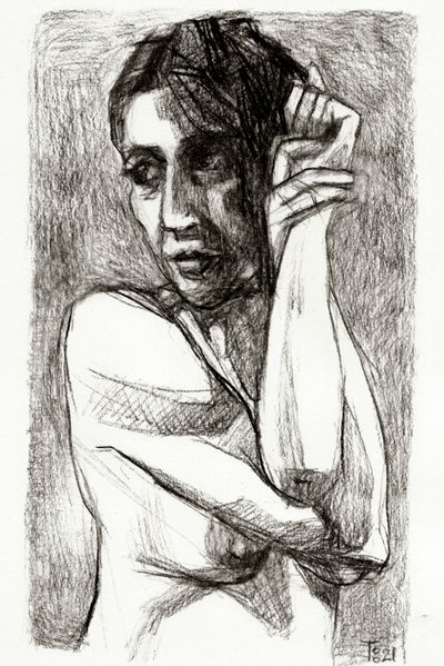 Desenho de uma mulher pensativa de Tore Bahnson