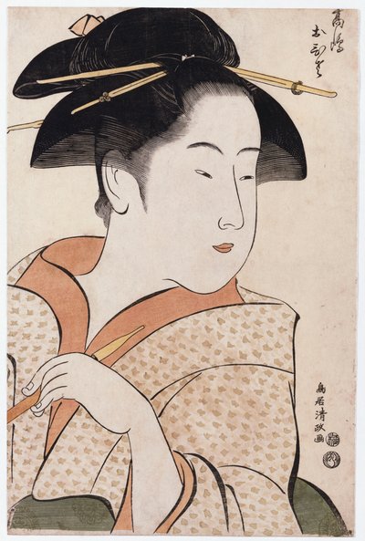 Um retrato de busto de Ohisa do Takashimaya segurando um cachimbo de tabaco de Torii Kiyomasa